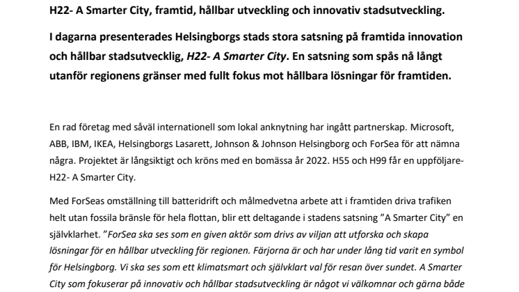 ForSea välkomnar Helsingborgs stads satsning "A smarter city" och ingår partnerskap.