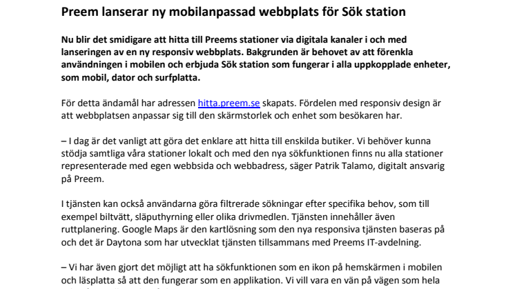 Preem lanserar ny mobilanpassad webbplats för Sök station 