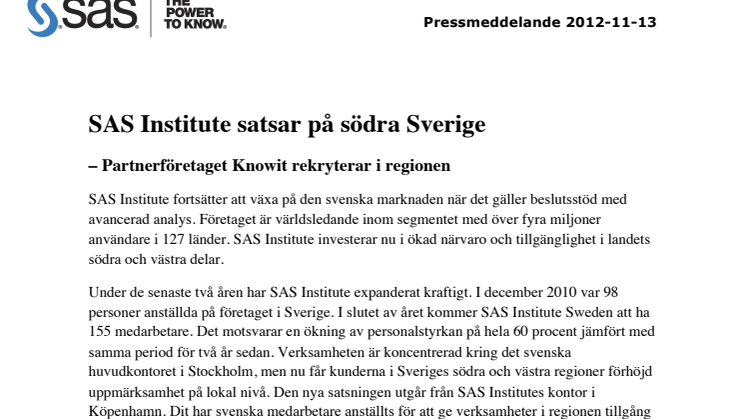 SAS Institute satsar på södra Sverige