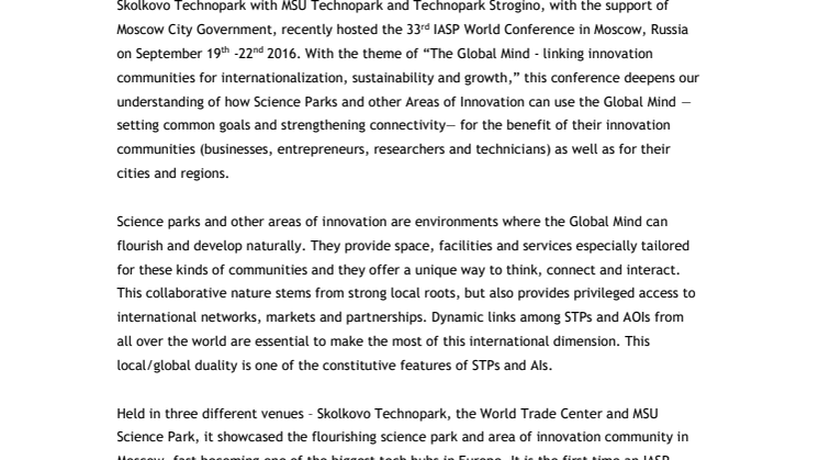 International Association of Science Parks and Areas of Innovation (IASP) 33rd IASP World Conference and new International Board