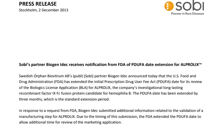Sobi's partner Biogen Idec receives notification from FDA of PDUFA date extension for ALPROLIX(TM)