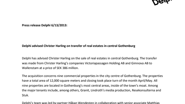 Delphi advised Christer Harling on transfer of real estates in central Gothenburg