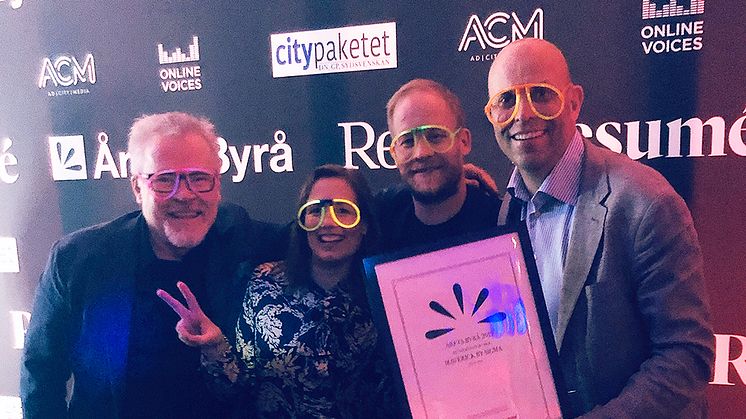 Maverick by Sigma – prisutdelningen i Årets Byrå 2019. På bilden från vänster: Håkan Larsson, Linda Woxneborn, Peter Knapp och Henrik Askervi.