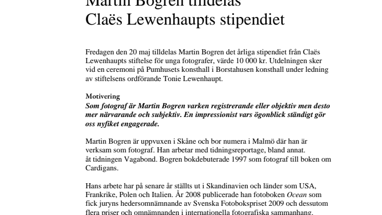 Martin Bogren tilldelas Claës Lewenhaupts stipendiet