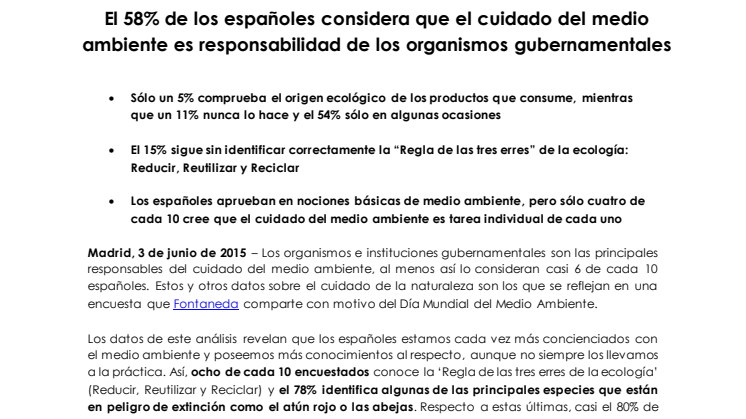 El 58% de los españoles considera que el cuidado del medio ambiente es responsabilidad de los organismos gubernamentales   