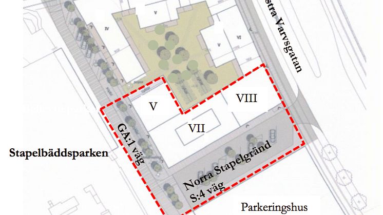 Planområdet med Lilla Varvsgatan i norr, Östra Varvsgatan i öst och Stapelbäddsparken i väst. Illustration av Erséus Arkitekter AB. 