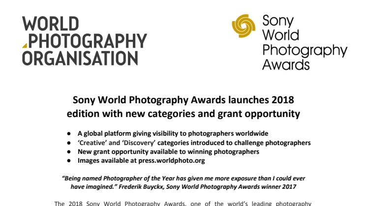 Sony World Photography Awards presenta la edición 2018 con nuevas categorías y oportunidades