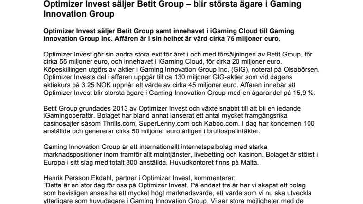 Optimizer Invest säljer Betit Group – blir största ägare i Gaming Innovation Group