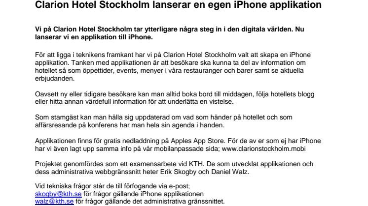 Clarion Hotel Stockholm lanserar en egen iPhone applikation