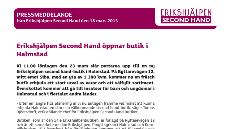 Erikshjälpen Second Hand öppnar butik i Halmstad