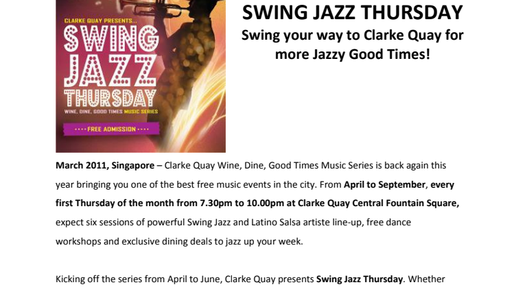 SWING JAZZ THURSDAY - Swing your way to Clarke Quay for more Jazzy Good Times!