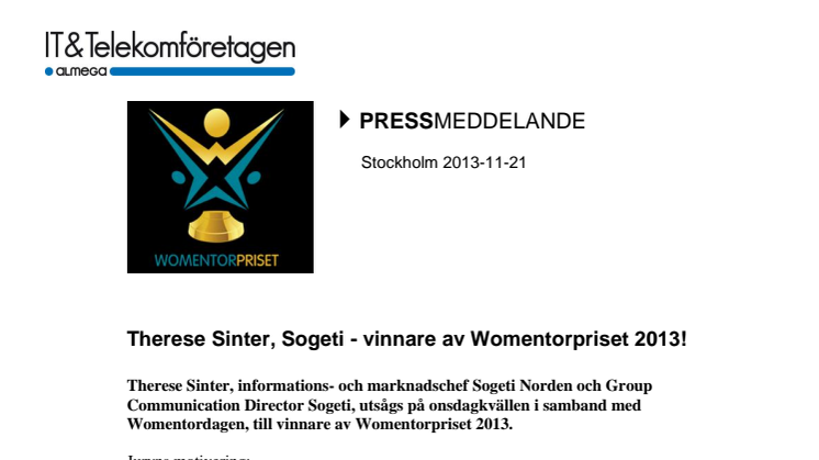 Therese Sinter, Sogeti - vinnare av Womentorpriset 2013!