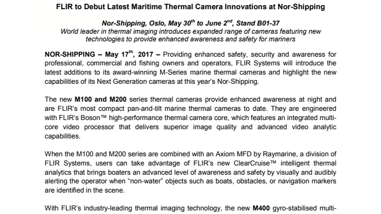 FLIR: FLIR to Debut Latest Maritime Thermal Camera Innovations at Nor-Shipping (Stand B01-37)
