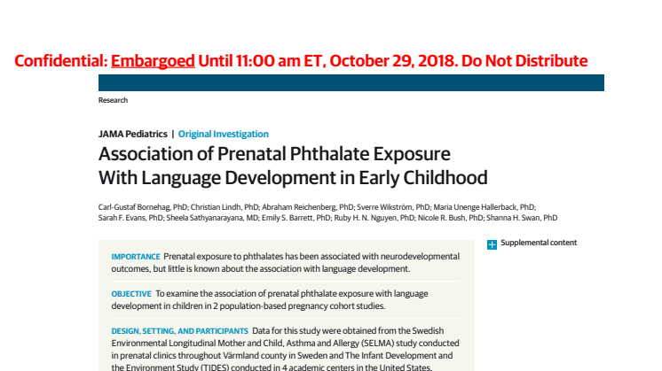 Exponering för ftalater under graviditet kan kopplas till språkutveckling hos barn i Sverige och USA