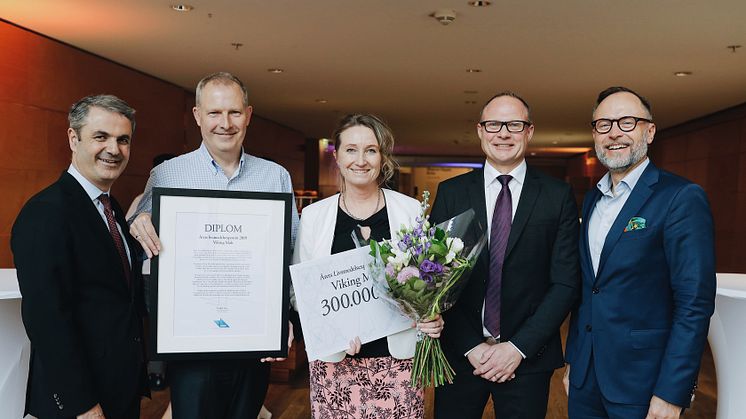 Näringsminister Ibrahim Baylan, Kasper Madsen, vd Viking Malt, Malin Andersson, försäljningschef Viking Malt, Björn Hellman, vd Livsmedelsföretagen och Fredrik Fexe, vice vd Business Sweden