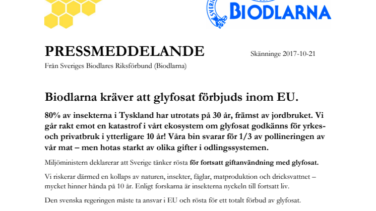 Biodlarna kräver att glyfosat förbjuds inom EU