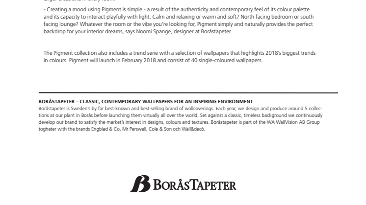 Swedish wallpaper brand Boråstapeter announces the release of a new single-colour wallpaper collection - Pigment 