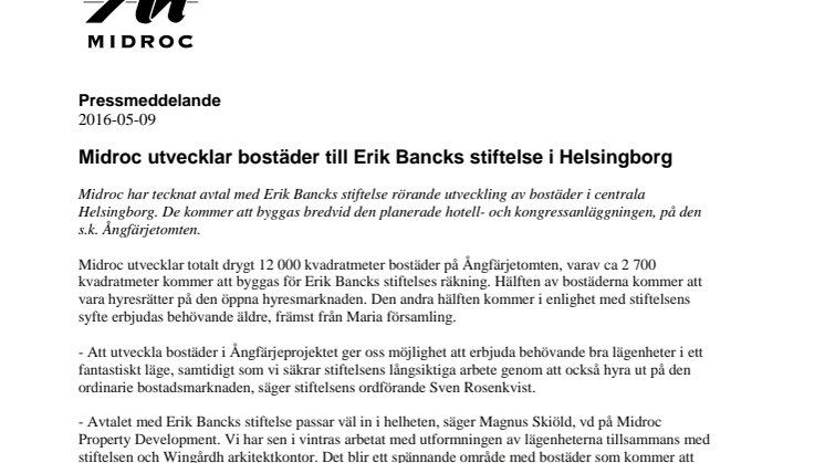 Midroc utvecklar bostäder till Erik Bancks stiftelse i Helsingborg