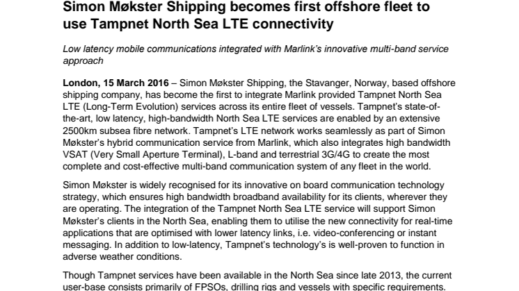 Marlink: Simon Møkster Shipping Becomes First Offshore Fleet to Use Tampnet North Sea LTE Connectivity