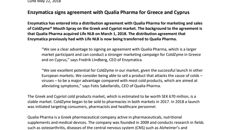 Enzymatica signs agreement with Qualia Pharma for Greece and Cyprus