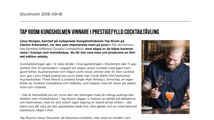 Tap Room Kungsholmen vinnare i prestigefylld cocktailtävling