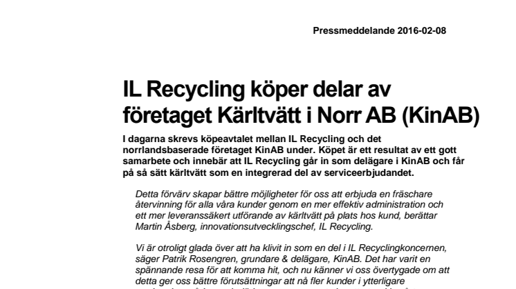 IL Recycling köper delar av företaget Kärltvätt i Norr AB (KinAB)