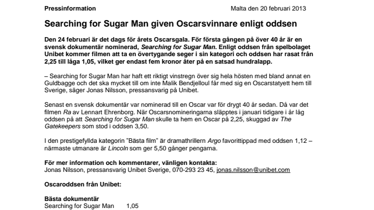 Searching for Sugar Man given Oscarsvinnare enligt oddsen