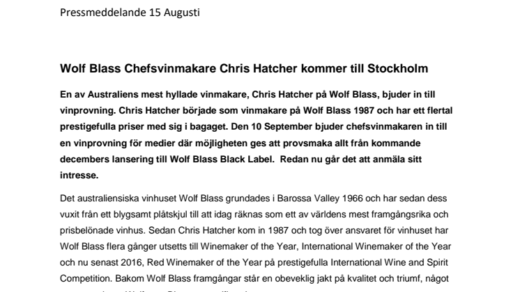Wolf Blass Chefsvinmakare Chris Hatcher kommer till Stockholm