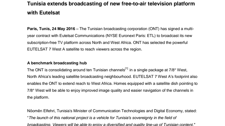 Tunisia extends broadcasting of new free-to-air television platform with Eutelsat
