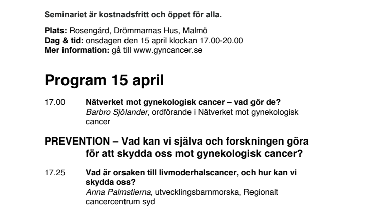 Gyncancerdagen 2015 i Malmö 15 april - HELA PROGRAMMET