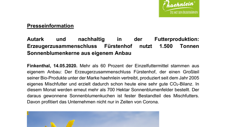 Autark und nachhaltig in der Futterproduktion: Erzeugerzusammenschluss Fürstenhof nutzt 1.500 Tonnen Sonnenblumenkerne aus eigenem Anbau