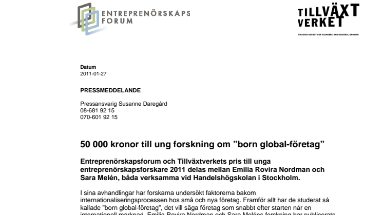 50 000 kronor till ung forskning om ”born global-företag”