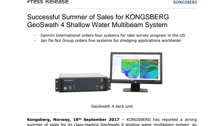 Kongsberg Maritime: Successful Summer of Sales for KONGSBERG GeoSwath 4 Shallow Water Multibeam System