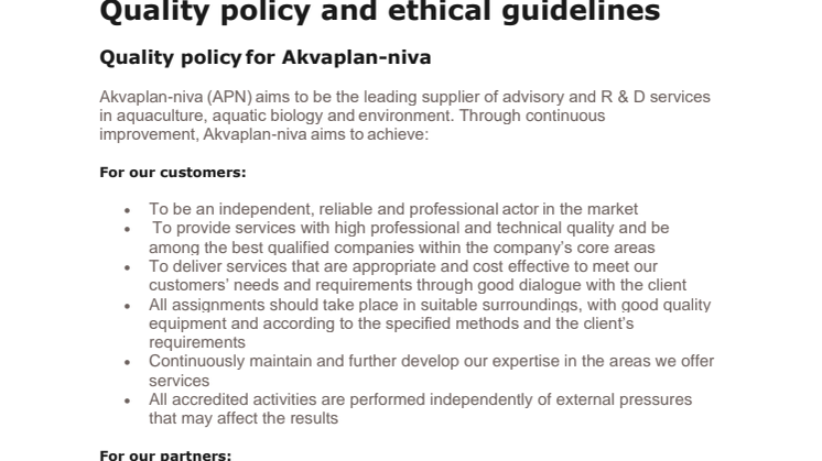 Quality policy and ethical guidelines