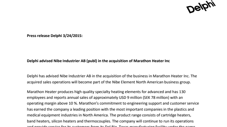 Delphi advised Nibe Industrier AB (publ) in the acquisition of Marathon Heater Inc