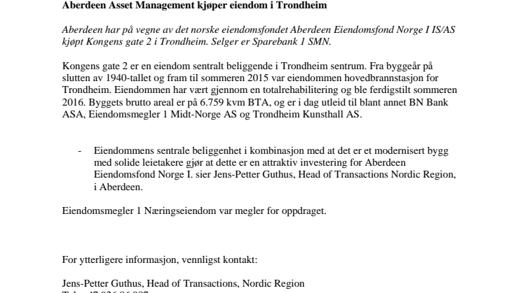 Aberdeen Asset Management kjøper eiendom i Trondheim