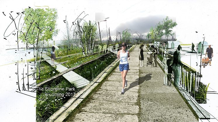 Visionsbild för Jubileumsparken för att visa hur den kan se ut när mer grönska finns på plats. Illustration: atelier le balto och MARELD 