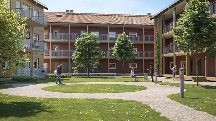 Illustration av lägenheterna i BoKlok Svärdet i Hemlingby, med grönskande innergård. 