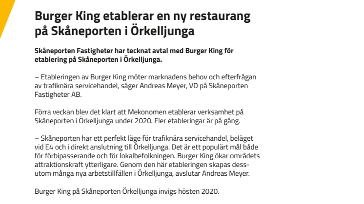 Burger King etablerar en ny restaurang på Skåneporten i Örkelljunga