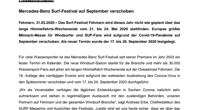 Mercedes-Benz Surf-Festival auf September verschoben