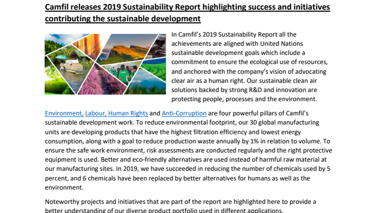 Camfil releases 2019 Sustainability Report highlighting success and initiatives contributing the sustainable development