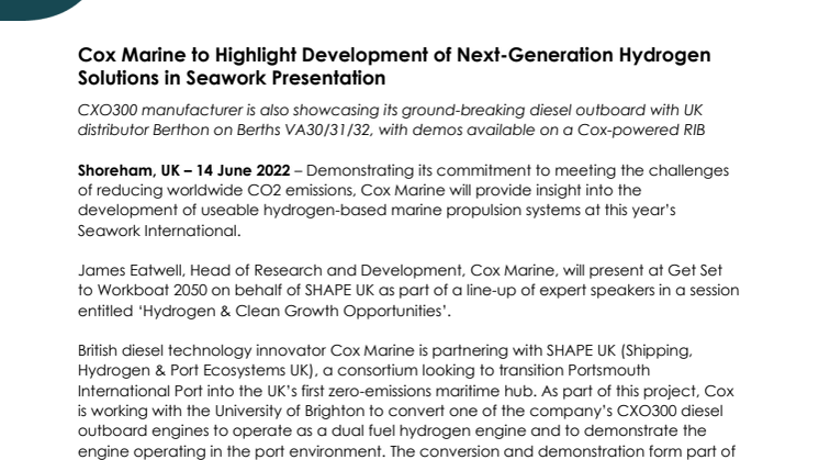 14 June 22_Seawork - Cox Marine Highlights Hydrogen Solutions at Seawork.pdf