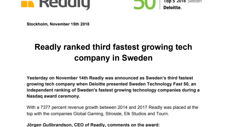 Readly ranked third fastest growing tech company in Sweden