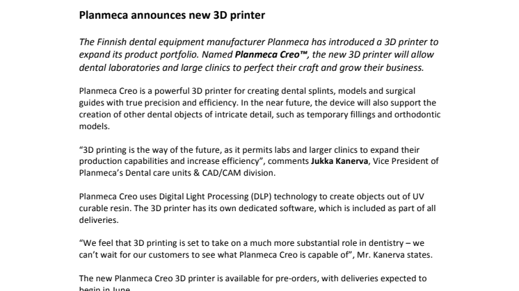 Planmeca announces new 3D printer