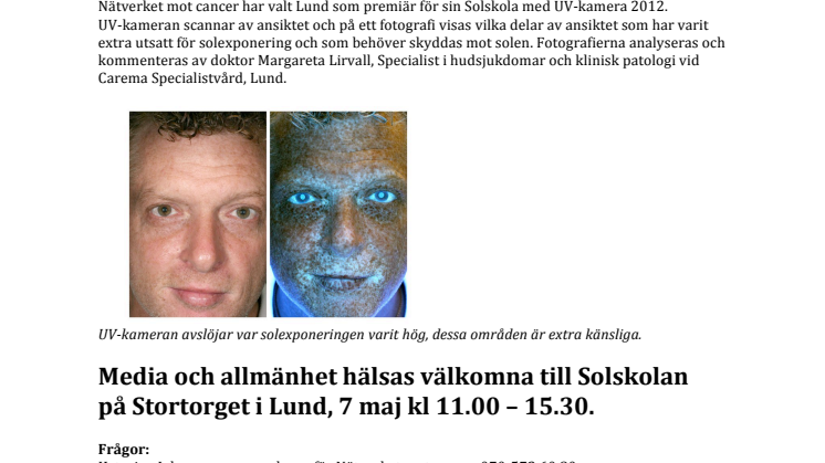Pressinbjudan till Solskola på Euromelanoma Day 7 maj – Testa huden med UV-scanning  i specialkamera på Stortorget i Lund 