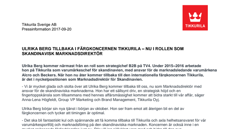 Ulrika Berg tillbaka i färgkoncernen Tikkurila - nu i rollen som skandinavisk marknadsdirektör