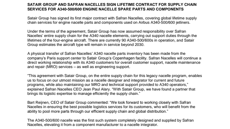 Satair Group and Safran Nacelles sign lifetime contract for supply chain services for A340-500/600 engine nacelle spare parts and components