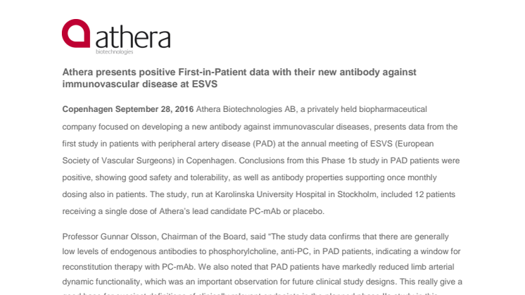 Athera presents positive First-in-Patient data with their new antibody against immunovascular disease at ESVS