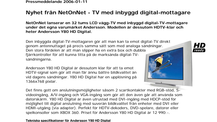 Nyhet från NetOnNet - TV med inbyggd digital-mottagare