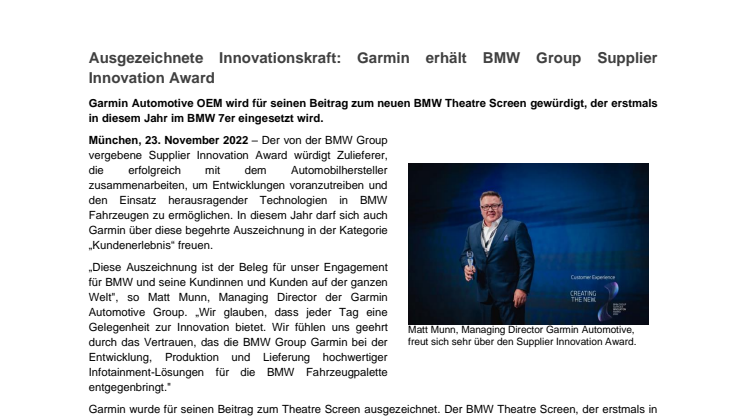 PM Garmin Garmin OEM erhält BMW Supplier Innovation Award